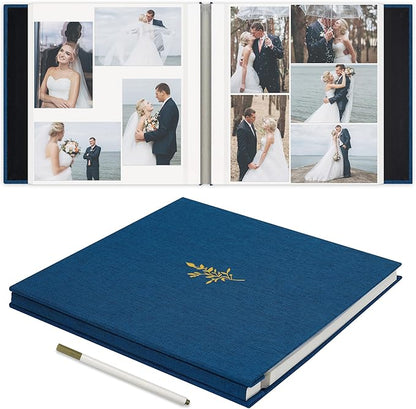 Remowith Self Adhesive Photo Album, Navy Blue Scrapbook Album with DIY 60 Blank Pages, Wedding Photo Album with A Metallic Pen for 4x6 5x7 2x3 Pictures, 10.6"x11"