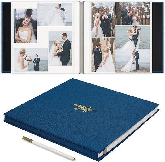 Remowith Self Adhesive Photo Album, Navy Blue Scrapbook Album with DIY 60 Blank Pages, Wedding Photo Album with A Metallic Pen for 4x6 5x7 2x3 Pictures,12.9"x13.4"