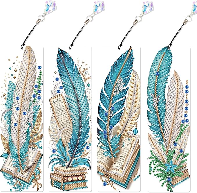 4-Pack 5D Diamond Painting Bookmarks Kit, Peacock Feather DIY Diamond Art Bookmarks with Rhinestones and Tassels, Creative Bookmark Making Set for Adults, Gift for Book Lovers