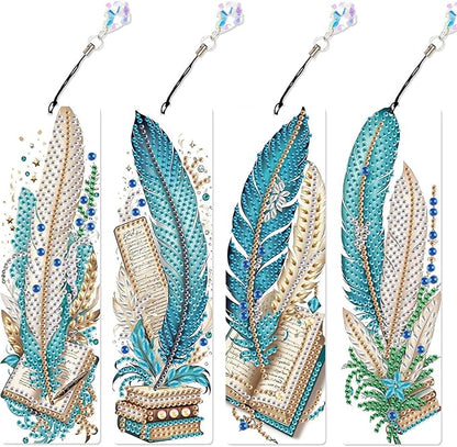 4-Pack 5D Diamond Painting Bookmarks Kit, Peacock Feather DIY Diamond Art Bookmarks with Rhinestones and Tassels, Creative Bookmark Making Set for Adults, Gift for Book Lovers