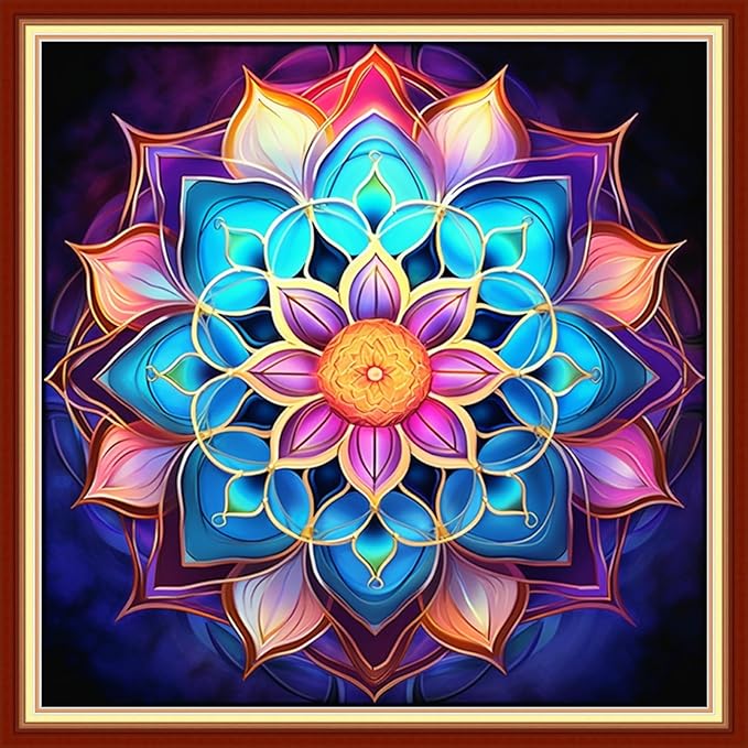 Foxdiviy Stamped Cross Stitch Kits Full Range of Embroidery Needlework Starter Kits for Beginners Adults 11CT Embroidery Patterns Art Crafts DIY Needlepoint Kits-Colorful Mandala 18x18 inch