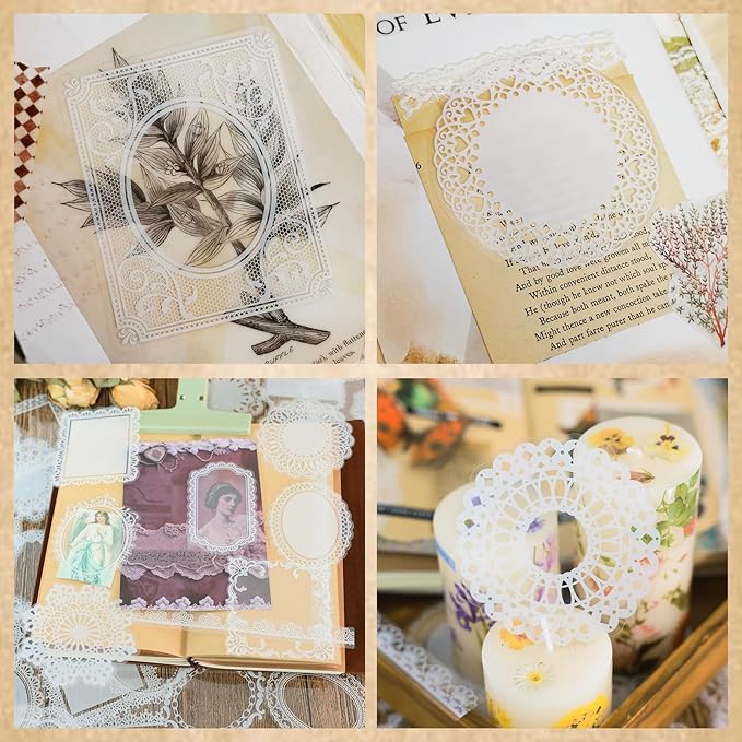 PRSTINCOL 120 PCs Lace Scrapbook Stickers,Waterproof Cutout Transparent Sticker PET Transparent Lace Stickers for Scrapbooking DIY Decoration Making Notebook Frame Album Handmade