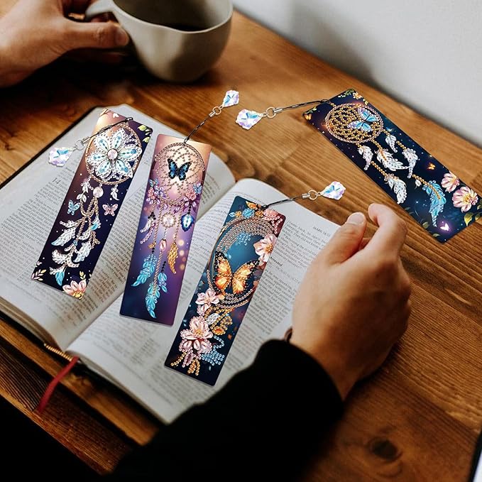 4 Pack Diamond Painting Bookmarks for Adults, 5D DIY Diamond Art Bookmark Kit with Tassels, Rhinestone Craft Supplies for Reading Lovers, Dreamcatcher & Butterfly Designs