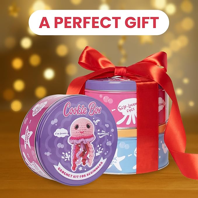 Cookie Box Crochet Kit for Beginners – Gift Set to Make Jellyfish Jenny Amigurumi Plushie – Easy DIY Crochet & Knitting Starter Kit with Video and PDF Tutorials