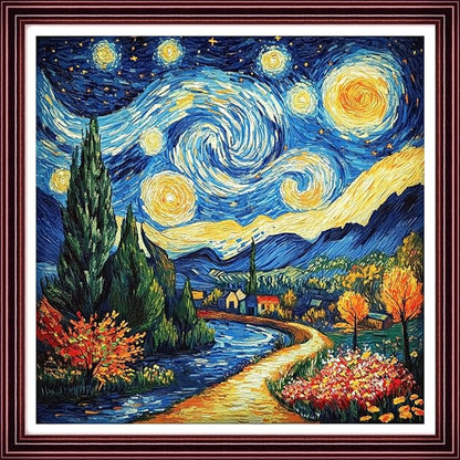 Redxing Stamped Cross Stitch Kits Full Range of Embroidery Starter Kits- Needlepoint Counted Cross Stitch Kits for Beginner Adults 11CT Printed Embroidery Kit-Van Gogh Starry Sky Garden 18x18 inch