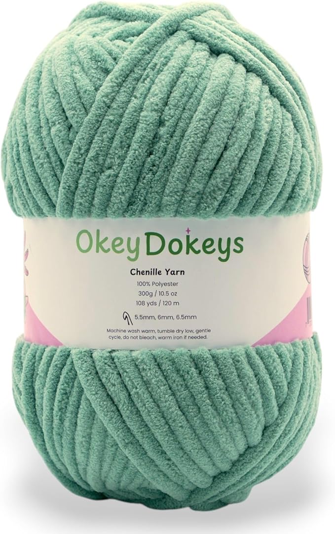 Okey Dokeys 300g Jumbo Velvet Chenille Yarn 7 Jumbo – Plush, No-Fray, Durable Plushies, Posh Soft Crochet Projects Beginner Friendly (130 yds) (Seafoam Sage Green (115), 1 Pack (17.90/Skein))