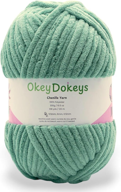 Okey Dokeys 300g Jumbo Velvet Chenille Yarn 7 Jumbo – Plush, No-Fray, Durable Plushies, Posh Soft Crochet Projects Beginner Friendly (130 yds) (Seafoam Sage Green (115), 1 Pack (17.90/Skein))