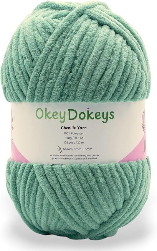 Okey Dokeys 300g Jumbo Velvet Chenille Yarn 7 Jumbo – Plush, No-Fray, Durable Plushies, Posh Soft Crochet Projects Beginner Friendly (130 yds) (Seafoam Sage Green (115), 1 Pack (17.90/Skein))