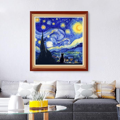 Foxhool Stamped Cross Stitch Kits,11CT Printed Cross Stitch Pattern Full Embroidery Kits for Beginner Needlepoint Kits&Cat admires Van Gogh's Starry Sky 18x18 inch