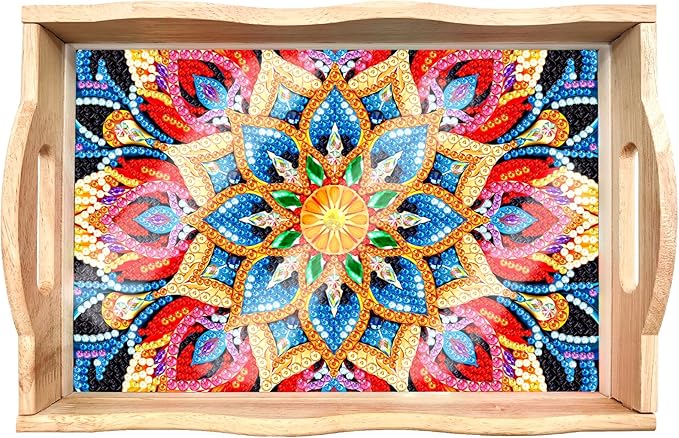 FGbaby DIY 5D Mandala Diamond Painting Wood Serving Tray with Handles Diamond Art Decorative Serving Trays Wooden Tray for Breakfast in Bed, Patio, BBQ, Coffee Table, Party – Great for Lap & Couch