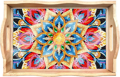 FGbaby DIY 5D Mandala Diamond Painting Wood Serving Tray with Handles Diamond Art Decorative Serving Trays Wooden Tray for Breakfast in Bed, Patio, BBQ, Coffee Table, Party – Great for Lap & Couch