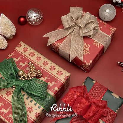 Ribbli Emerald Green Burlap Wired Ribbon,1-1/2 Inch x 10 Yard, Wired Edge Ribbon for Big Bow,Wreath,Tree Decoration,Outdoor Decoration