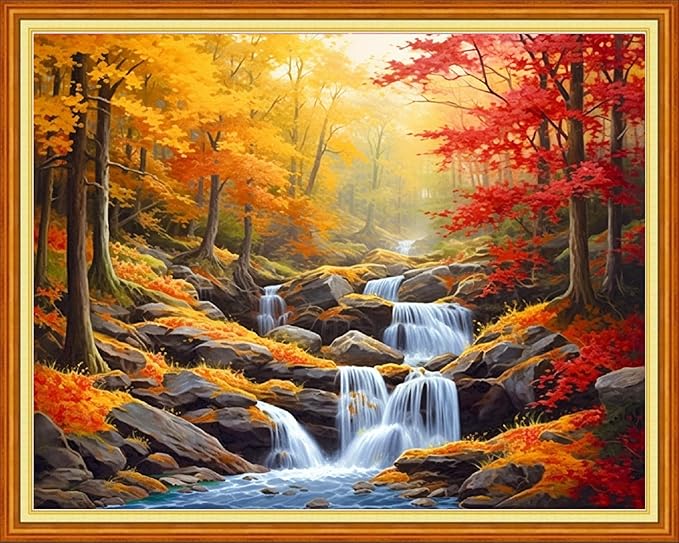 Dooxvey Cross Stitch Kit for Adult Beginners - Full Range of Stamped Kits, 11CT Cross Stitch Patterns - Maple Leaf Waterfall, 16x20 inch