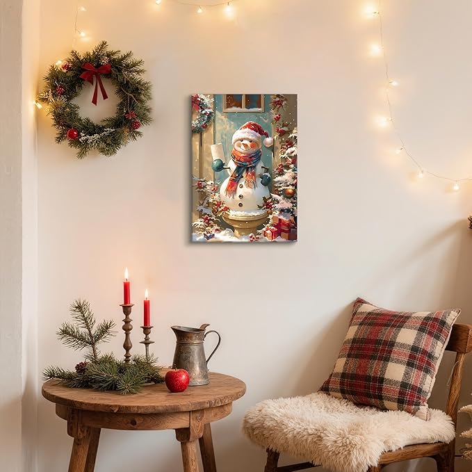 WENGTIAO Funny Christmas Snowman Canvas Wall Art Prints Cute Snowman on Toilet Pictures Posters Winter Scenery Painting Holiday Humor for Bathroom Washroom Xmas Artwork Gifts for Friend Family 16x24in