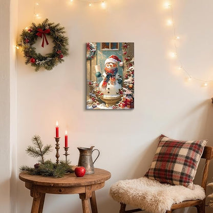 WENGTIAO Funny Christmas Snowman Canvas Wall Art Prints Cute Snowman on Toilet Pictures Posters Winter Scenery Painting Holiday Humor for Bathroom Washroom Xmas Artwork Gifts for Friend Family 16x24in