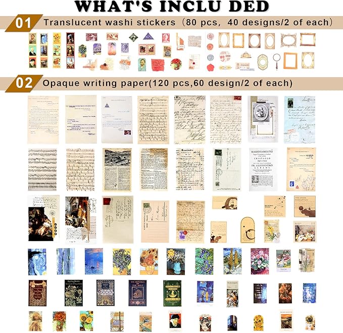 Draupnir 200pcs Vintage Junk Journal Supplies,Scrapbook Supplies Scrapbooking Paper and Stickers Ephemera for Art Aesthetic Journaling Kit Collage(Art)