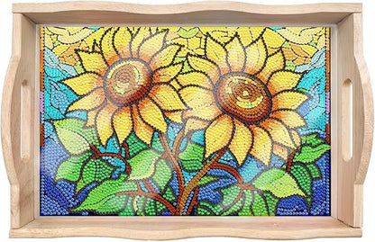 DIY Diamond Art Wooden Tray Kit, Food Tray with Handle Diamond Painted Table Decoration Tray, for Breakfast, Bar Dinner Table Diamond Dots Gem Painting Art Set for Beginners (#01-Sunflower)