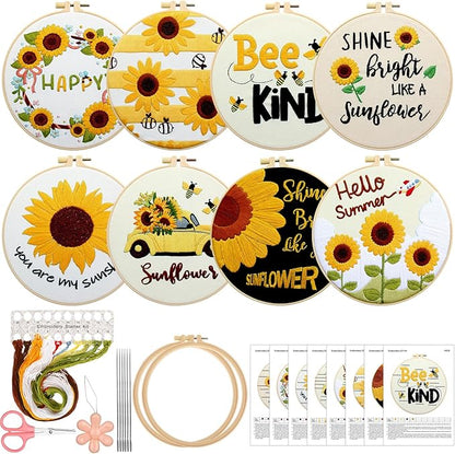 Riceshoot 8 Set Sunflower Embroidery Kit for Beginner Adults Cross Kit with Pattern Instruction, Embroidery Cloth and Hoops, Thread, Needle, Needle Threader, Thread Remover, Scissors