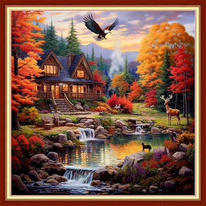 DMCVIVR Stamped Cross Stitch Kits for Beginners Adults Needlepoint Kits for Beginners Embroidery Kits for Adults Crossstitch Kit for Beginners 11CT-Autumnal Scenery 18x18 inch