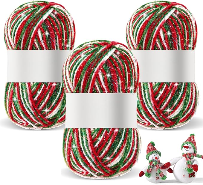 Timgle 3 Pcs Skeins Christmas Yarn for Crocheting 186 Yard Christmas Glitter Yarn Soft Each 100g/ 3.53 oz Knitting Crocheting Gift Craft Project Assorted Starter (Mixcolor Red Green White)