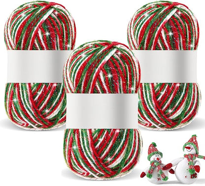 Timgle 3 Pcs Skeins Christmas Yarn for Crocheting 186 Yard Christmas Glitter Yarn Soft Each 100g/ 3.53 oz Knitting Crocheting Gift Craft Project Assorted Starter (Mixcolor Red Green White)
