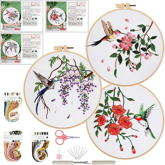 Ohcol 3 Sets Hummingbird Embroidery Kit for Beginners Needlepoint Kits for Adults Cross Stitch Kits with Clear Instructions,Easy Funny Stamped Bird Patterns Fabric Hand Crafts