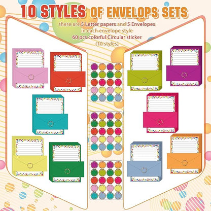 TaoBary 160 Pcs Stationery Paper Set 50 Double Sided Stationery Papers with 50 Matching Envelopes and 60 Round Dot Sticker, 10 Design(Polka Dot,8.5 x 11 Inch)