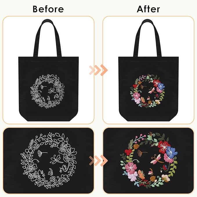 ERKOON Canvas Tote Bag Embroidery Kit for Beginners, Floral Arts Crafts Cross Stitch Kits for Adults Including Stamped Embroidery Bag with Hoops, Needle, Instruction and Color Threads(Wreath)