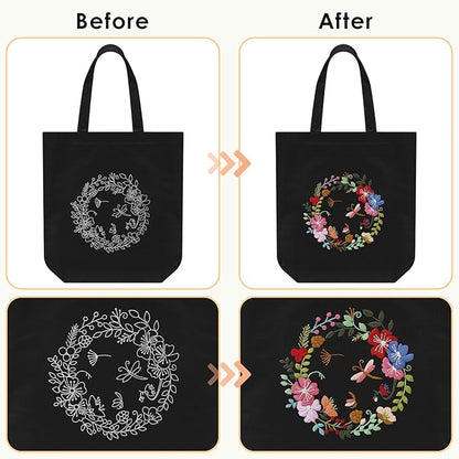 ERKOON Canvas Tote Bag Embroidery Kit for Beginners, Floral Arts Crafts Cross Stitch Kits for Adults Including Stamped Embroidery Bag with Hoops, Needle, Instruction and Color Threads(Wreath)