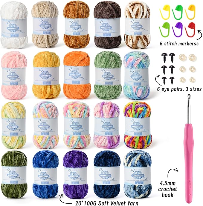 20 Pack 984 (yd) Chunky Chenille Yarn for Crocheting and Hand Knitting with Black Red White Green Yellow Rainbow Plush Velvet Yarn，Baby Blanket Yarn for Crocheting Soft Amigurumi Yarn B
