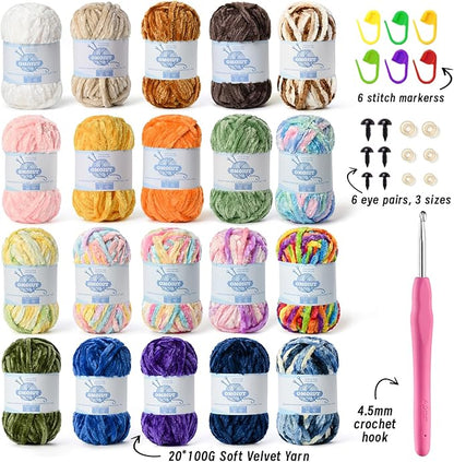 20 Pack 984 (yd) Chunky Chenille Yarn for Crocheting and Hand Knitting with Black Red White Green Yellow Rainbow Plush Velvet Yarn，Baby Blanket Yarn for Crocheting Soft Amigurumi Yarn B
