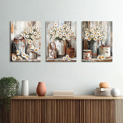 WENGTIAO 3Pcs Rustic Daisy Canvas Wall Art Fall Flower Prints Posters Vintage Country Flora Paintings Pictures Nature Botanical Artwork for Bedroom Living Room Bathroom 12x16x3