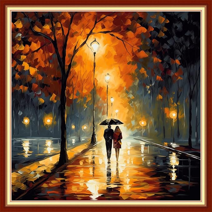 Joyhoor Stamped Cross Stitch Kits for Beginners Needlepoint Kits for Adults Embroidery Kits 11CT Counted Cross Stitch Kits Printed Embroidery Pattern-Strolling on a Rainy Night 18x18 inchs