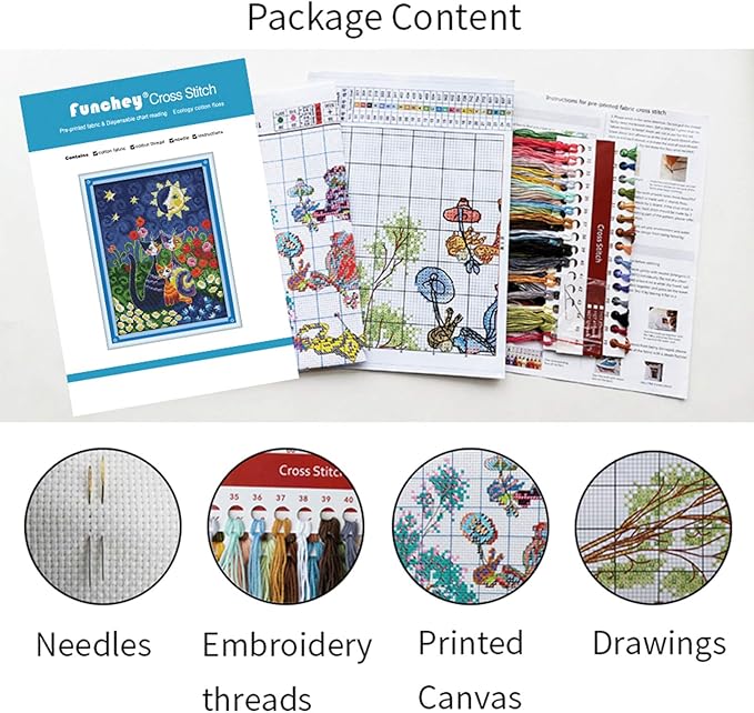 Funxvoot Stamped Cross Stitch Kits for Beginners or Adults Embroidery Starter Patterns | DIY Printed Cross Stitch Kits Needlepoint for Adults -Cat in Flowers 16x20 inch