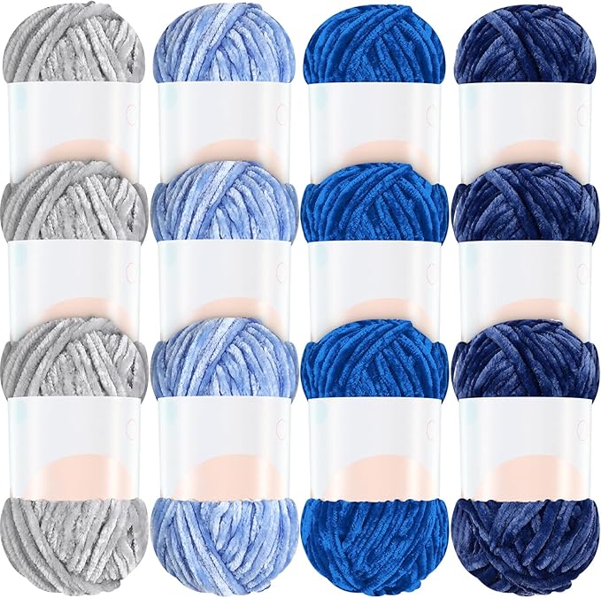 Xinnun 12 Skeins 1116 Yards Chenille Velvet Soft Thick Plush Yarn Bulk for Crocheting Knitting Blanket DIY Weaving Craft, 6mm, 3.5 Oz/Skein(Blue Series)