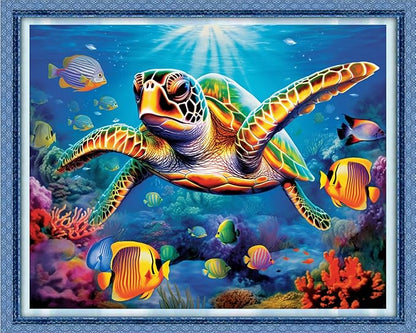 DMCVIVR Stamped Cross Stitch Kits for Beginners Adults Needlepoint Kits for Beginners Embroidery Kits for Adults Crossstitch Kit for Beginners 11CT-Colorful Turtle 16x20 inchs