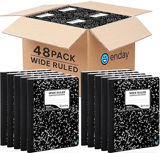 Emraw Composition Notebooks (48 Pack) Wide Ruled Paper Bulk, Hard Cover Composition Notebook, Lined Composition Books, 200 Pages (100 Sheets), Wide Ruled Notebook, (Black Marble)
