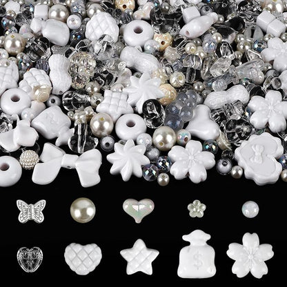 150PCS Acrylic Pastel Beads for Jewelry Making, Kalolary Colorful Bow Butterfly Flower Kawaii Plastic Candy Heart Cute Macaroon Aesthetic Beads for Bracelet Necklace DIY Supplies (White)