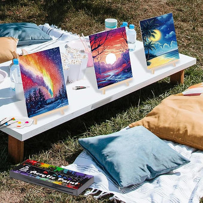 Ctosree 72 Pcs Vivid Sunset Paint and Sip Kit for Adults 8'' x 10'' Pre Drawn Canvas for Painting DIY Pre Printed Canvas for Party Favor Afro Acrylic Painting Kit Wood Easel Brushes Date Night Bulk
