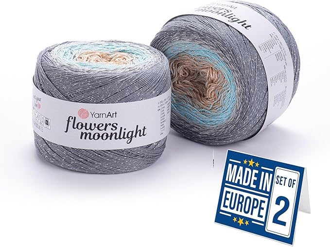 2 Skein Yarn Art Flowers Moonlight Yarn 53% Cotton 43% Acrylic 4% Metallic Polyester, 260gr 1094yds Multicolor Cotton Yarn Rainbow Crochet Yarn Spring Summer Fine-1 Top 10 Most Used Colors (3268)