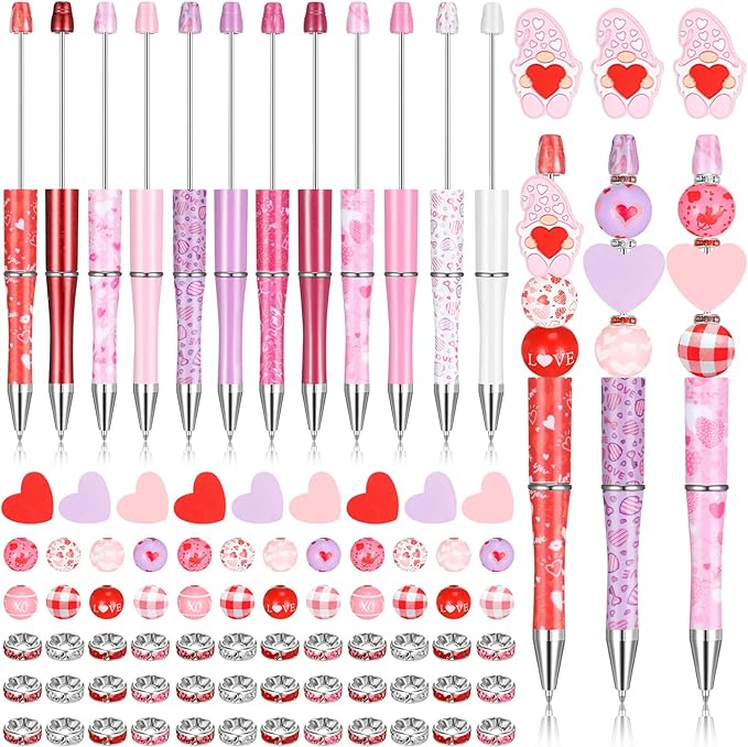 Geyee 12 Set Plastic Beadable Pens Assorted Bead Pens Crystal Wood Round Spacer Set Black Ink DIY Ballpoint for Women Men Gift Office Supplies(Heart)