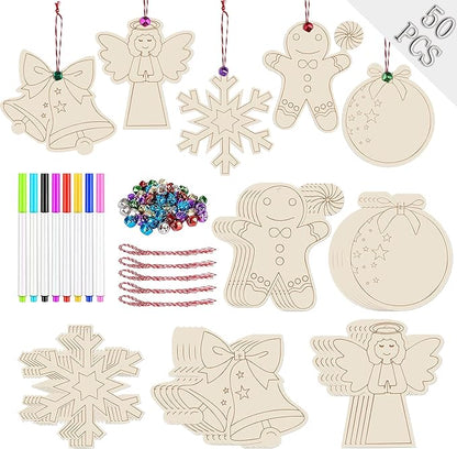 Artmag 50pcs Unfinished Wooden Christmas Ornaments Wood Slices with Holes for DIY Crafts Centerpieces Holiday Hanging Decor Decorations 5 Styles