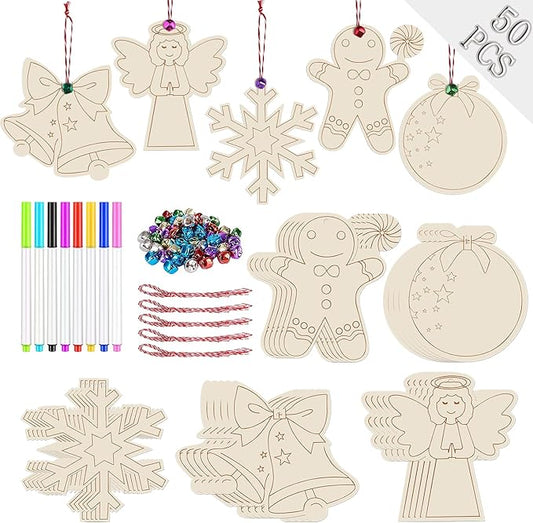 Artmag 50pcs Unfinished Wooden Christmas Ornaments Wood Slices with Holes for DIY Crafts Centerpieces Holiday Hanging Decor Decorations 5 Styles