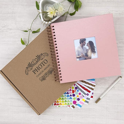 10 x 10 Inch DIY Scrapbook Photo Album with Window Design Cover 80 Pages Craft Paper Memory Book for Weeding Anniversary Travel and Baby (Pink)