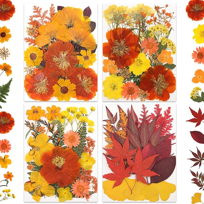 80P Autumn Tone Dried Flowers for Crafts - Real Natural Pressed Flowers in Warm Fall Hues for Resin, DIY Art, Jewelry, Thanksgiving Decor & Pumpkin Decoration – Tweezers Included