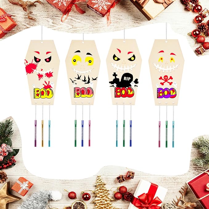 Wooden Coffins Wind Chime Ornaments Painting Craft,12PCS Unfinished Wood Hanging Decoration,6 Style Cutouts for Adults Olders to Paint DIY Tags Wedding Home Decors Hanging