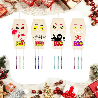 Wooden Coffins Wind Chime Ornaments Painting Craft,12PCS Unfinished Wood Hanging Decoration,6 Style Cutouts for Adults Olders to Paint DIY Tags Wedding Home Decors Hanging