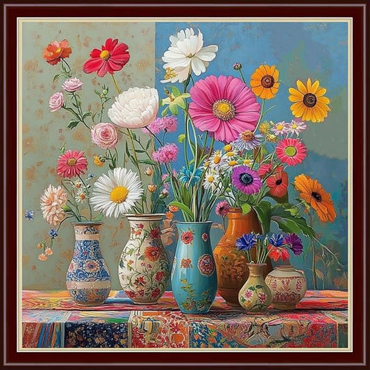 Dimensean Stamped Cross Stitch Kits Full Range of Embroidery Patterns Starter Kits for Beginners Adult DIY Cross Stitches Needlepoint Kits 11CT-Colorful Flowers on The Table 18x18 inch