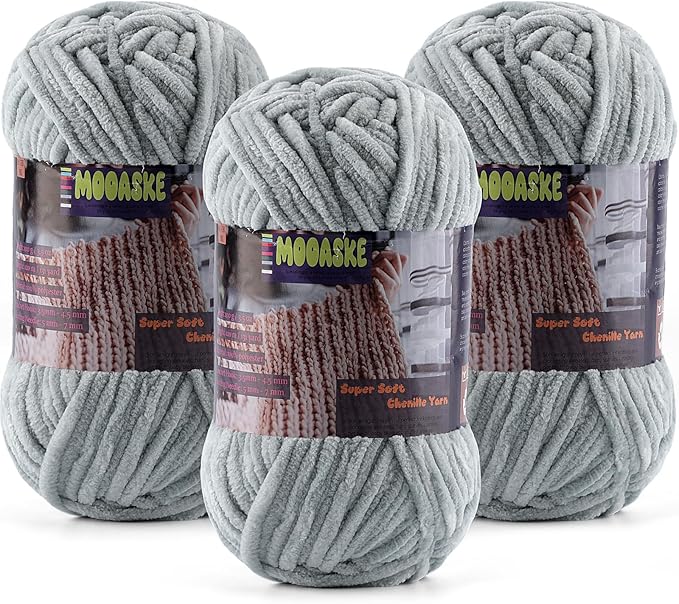 Baby Blanket Yarn for Crocheting - Soft Velvet Fluffy Chenille Yarn for Knitting Amigurumi Making Scarves, Doll - 100g/3.5oz 131 Yards Thick Plush Yarns (3, Light Gray)