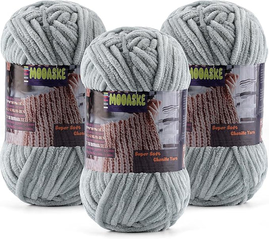 Baby Blanket Yarn for Crocheting - Soft Velvet Fluffy Chenille Yarn for Knitting Amigurumi Making Scarves, Doll - 100g/3.5oz 131 Yards Thick Plush Yarns (3, Light Gray)